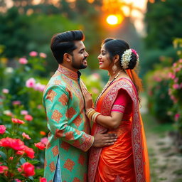 A romantic portrayal of an Indian couple in a lush garden, wearing traditional Indian attire