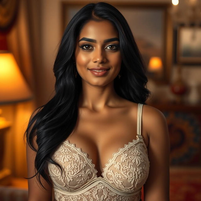A beautiful Indian woman (bhabhi) wearing an elegant, lacy bra