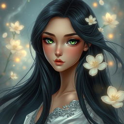A beautiful and charming young woman with long, flowing black azule hair that flows elegantly down her back