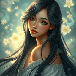 A beautiful and charming young woman with long, flowing black azule hair that flows elegantly down her back