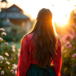 A stunning image of a woman viewed from the back, wearing a stylish traditional outfit that highlights her graceful silhouette