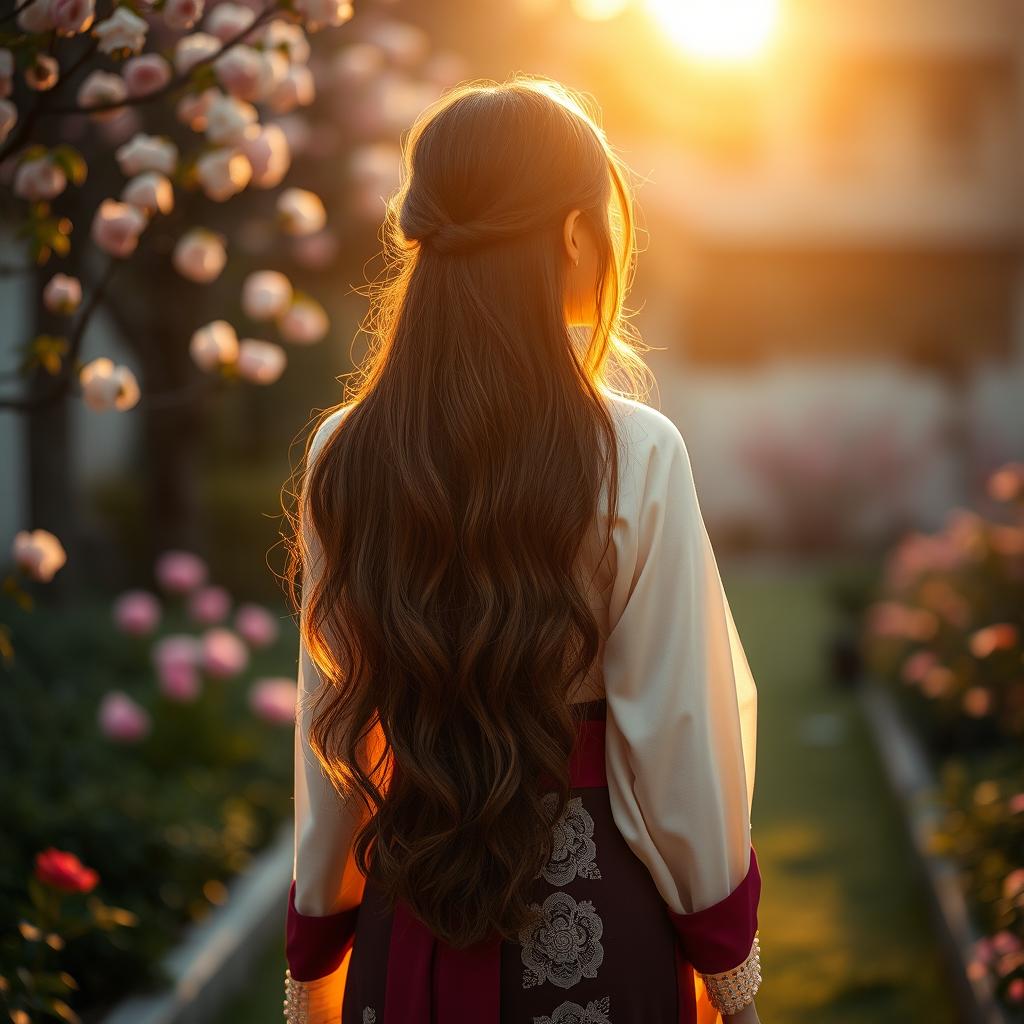 A stunning image of a woman viewed from the back, wearing a stylish traditional outfit that highlights her graceful silhouette