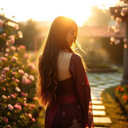 A stunning image of a woman viewed from the back, wearing a stylish traditional outfit that highlights her graceful silhouette