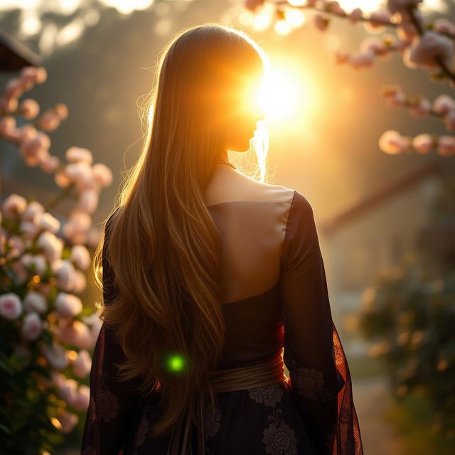A stunning image of a woman viewed from the back, wearing a stylish traditional outfit that highlights her graceful silhouette