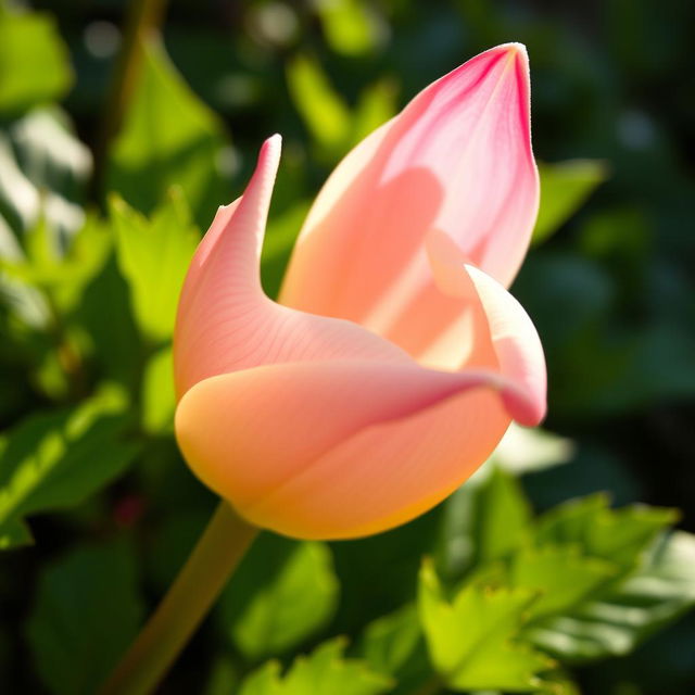 a close-up of a delicate flower, resembling the shape and soft texture often associated with feline curves, with vibrant colors and intricate petal details, surrounded by lush green foliage, bathed in soft, warm sunlight that highlights the beauty of nature