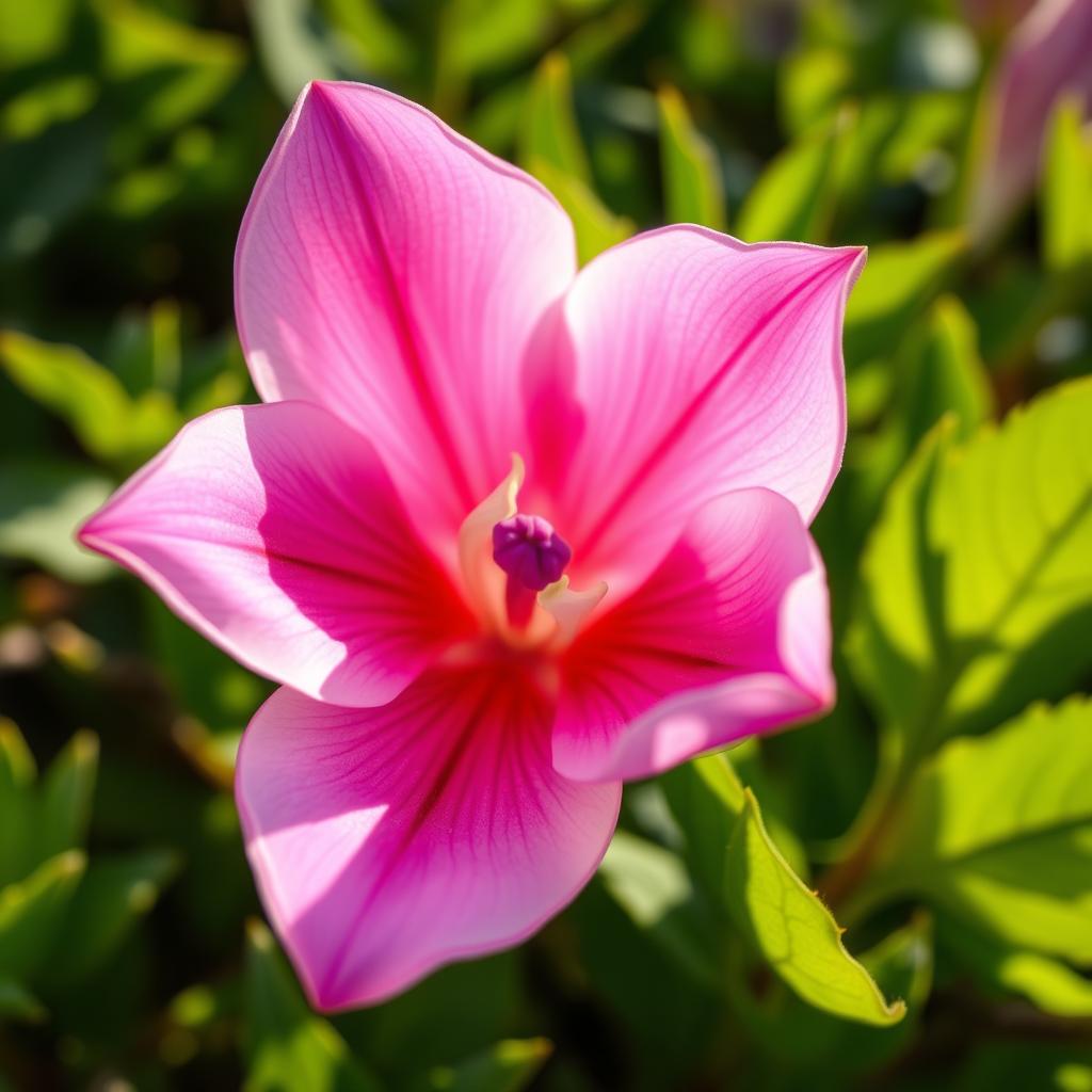 a close-up of a delicate flower, resembling the shape and soft texture often associated with feline curves, with vibrant colors and intricate petal details, surrounded by lush green foliage, bathed in soft, warm sunlight that highlights the beauty of nature