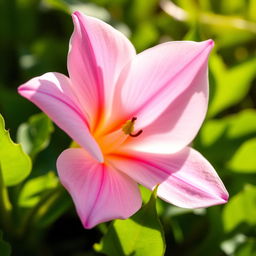 a close-up of a delicate flower, resembling the shape and soft texture often associated with feline curves, with vibrant colors and intricate petal details, surrounded by lush green foliage, bathed in soft, warm sunlight that highlights the beauty of nature