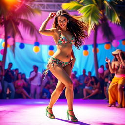 a confident female dancer wearing a stylish, colorful bikini, showcasing her moves on stage in a lively beach-themed party atmosphere, with dynamic poses capturing her athleticism and grace, bright summer colors surrounding her, palm trees in the background, and a cheering crowd enjoying the spirited performance