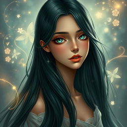 A beautiful and charming young woman with long, flowing black azule hair that elegantly cascades down her back
