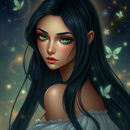 A beautiful and charming young woman with long, flowing black azule hair that elegantly cascades down her back
