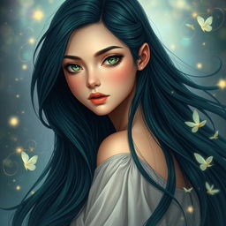 A beautiful and charming young woman with long, flowing black azule hair that elegantly cascades down her back