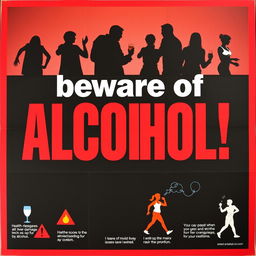 A striking and informative poster illustrating the dangers of alcohol consumption, featuring bold typography stating 'Beware of Alcohol!' in large, eye-catching letters