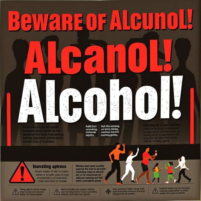 A striking and informative poster illustrating the dangers of alcohol consumption, featuring bold typography stating 'Beware of Alcohol!' in large, eye-catching letters