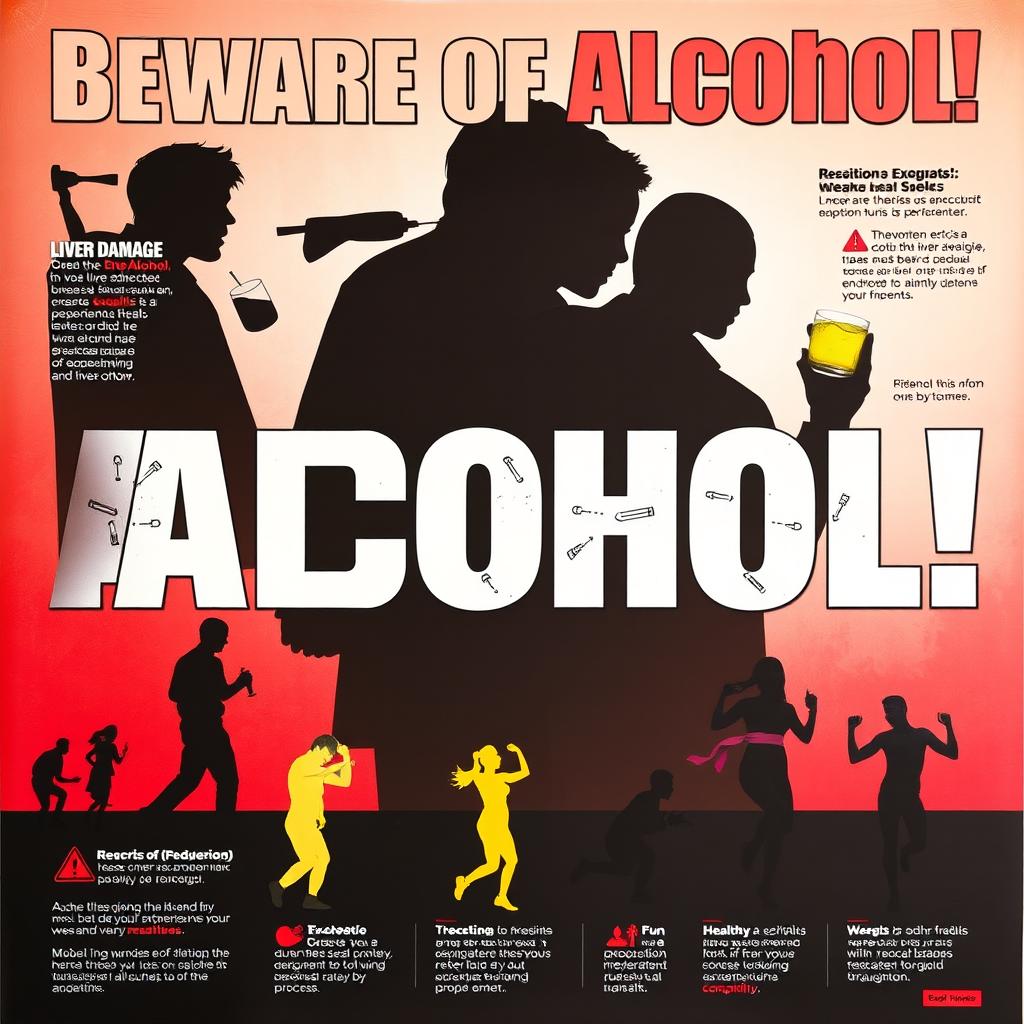 A striking and informative poster illustrating the dangers of alcohol consumption, featuring bold typography stating 'Beware of Alcohol!' in large, eye-catching letters