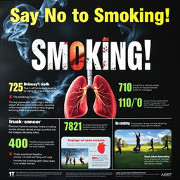 An eye-catching and educational poster illustrating the dangers of smoking, featuring the prominent text 'Say No to Smoking!' in bold, impactful letters at the top