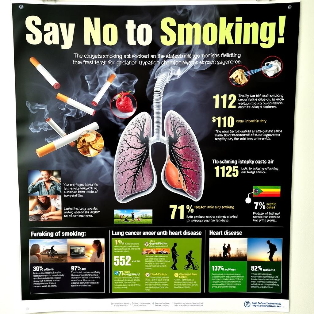 An eye-catching and educational poster illustrating the dangers of smoking, featuring the prominent text 'Say No to Smoking!' in bold, impactful letters at the top