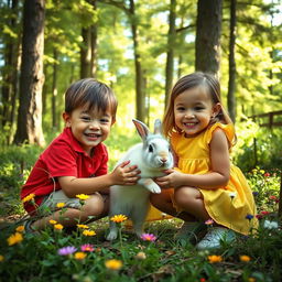 Two children joyfully playing with a fluffy rabbit in a picturesque forest, surrounded by vibrant greenery and colorful wildflowers