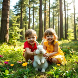 Two children joyfully playing with a fluffy rabbit in a picturesque forest, surrounded by vibrant greenery and colorful wildflowers
