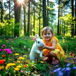 Two children joyfully playing with a fluffy rabbit in a picturesque forest, surrounded by vibrant greenery and colorful wildflowers