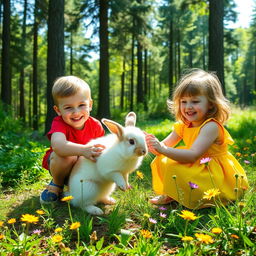 Two children joyfully playing with a fluffy rabbit in a picturesque forest, surrounded by vibrant greenery and colorful wildflowers