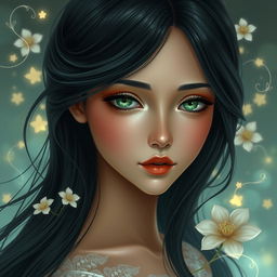A beautiful and charming young woman with long, flowing black hair that gently frames her face