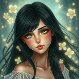 A beautiful and charming young woman with long, flowing black hair that gently frames her face