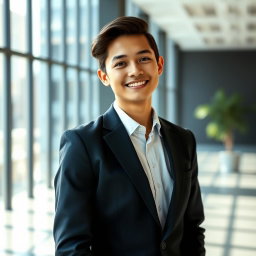 A professional LinkedIn profile photo featuring a confident young adult in business attire, standing against a modern office backdrop