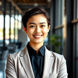 A professional LinkedIn profile photo featuring a confident young adult in business attire, standing against a modern office backdrop