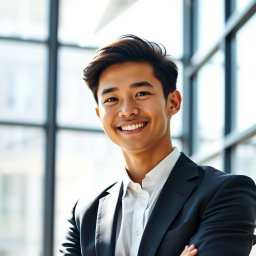 A professional LinkedIn profile photo featuring a confident young adult in business attire, standing against a modern office backdrop