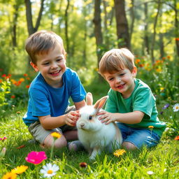 Two boys joyfully playing with a fluffy rabbit in a vibrant forest filled with lush greenery and colorful wildflowers