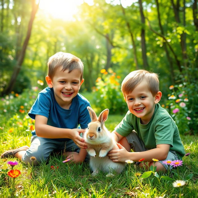 Two boys joyfully playing with a fluffy rabbit in a vibrant forest filled with lush greenery and colorful wildflowers