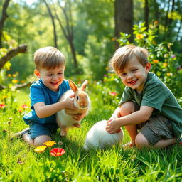 Two boys joyfully playing with a fluffy rabbit in a vibrant forest filled with lush greenery and colorful wildflowers