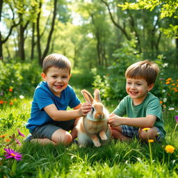Two boys joyfully playing with a fluffy rabbit in a vibrant forest filled with lush greenery and colorful wildflowers