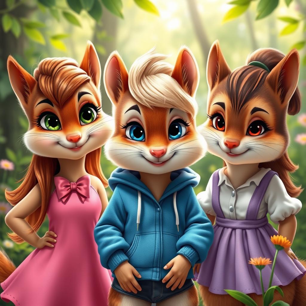 Realistic portraits of three chippettes (female chipmunks) with distinct personalities