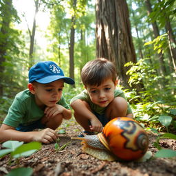 Two boys curiously observing a large, colorful snail in a lush forest setting, surrounded by vibrant greenery and towering trees
