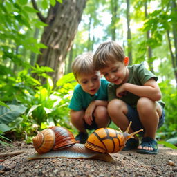Two boys curiously observing a large, colorful snail in a lush forest setting, surrounded by vibrant greenery and towering trees