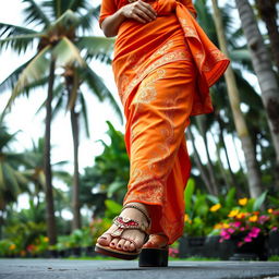 A woman wearing traditional Balinese clothing in vibrant orange, elegantly draped with intricate patterns and designs