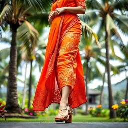 A woman wearing traditional Balinese clothing in vibrant orange, elegantly draped with intricate patterns and designs