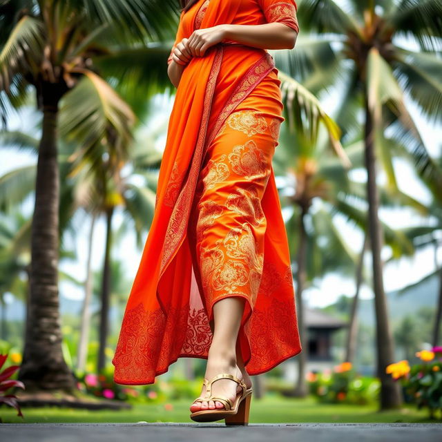 A woman wearing traditional Balinese clothing in vibrant orange, elegantly draped with intricate patterns and designs
