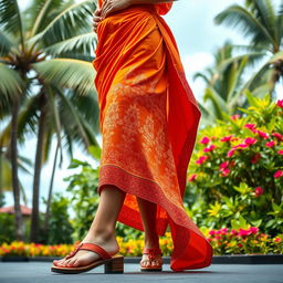 A woman wearing traditional Balinese clothing in vibrant orange, elegantly draped with intricate patterns and designs