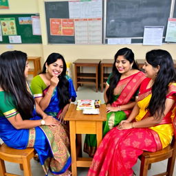 Four female teachers with long black hair, wearing colorful sarees, are sitting on wooden chairs around a small table eating a packet of boiled rice