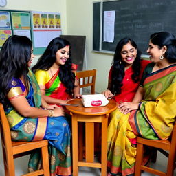 Four female teachers with long black hair, wearing colorful sarees, are sitting on wooden chairs around a small table eating a packet of boiled rice
