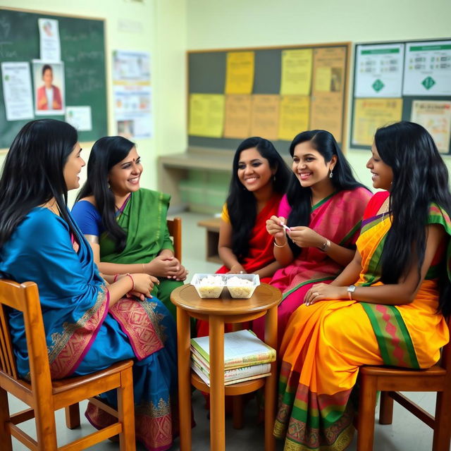 Four female teachers with long black hair, wearing colorful sarees, are sitting on wooden chairs around a small table eating a packet of boiled rice