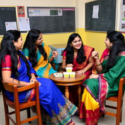 Four female teachers with long black hair, wearing colorful sarees, are sitting on wooden chairs around a small table eating a packet of boiled rice