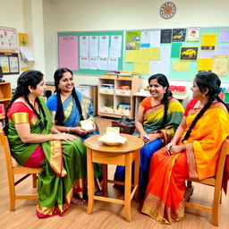 Four female teachers with braided black hair, wearing elegant sarees, are sitting on wooden chairs around a small table, enjoying a packet of boiled rice together
