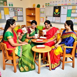 Four female teachers with braided black hair, wearing elegant sarees, are sitting on wooden chairs around a small table, enjoying a packet of boiled rice together