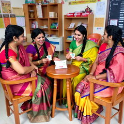Four female teachers with braided black hair, wearing elegant sarees, are sitting on wooden chairs around a small table, enjoying a packet of boiled rice together
