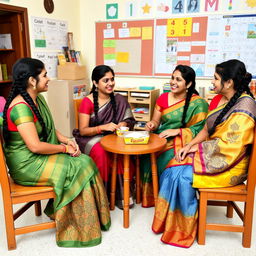 Four female teachers with braided black hair, wearing elegant sarees, are sitting on wooden chairs around a small table, enjoying a packet of boiled rice together