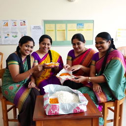 Four female teachers with braided black hair, dressed in vibrant sarees, are sitting on wooden chairs