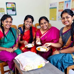 Four female teachers with braided black hair, dressed in vibrant sarees, are sitting on wooden chairs